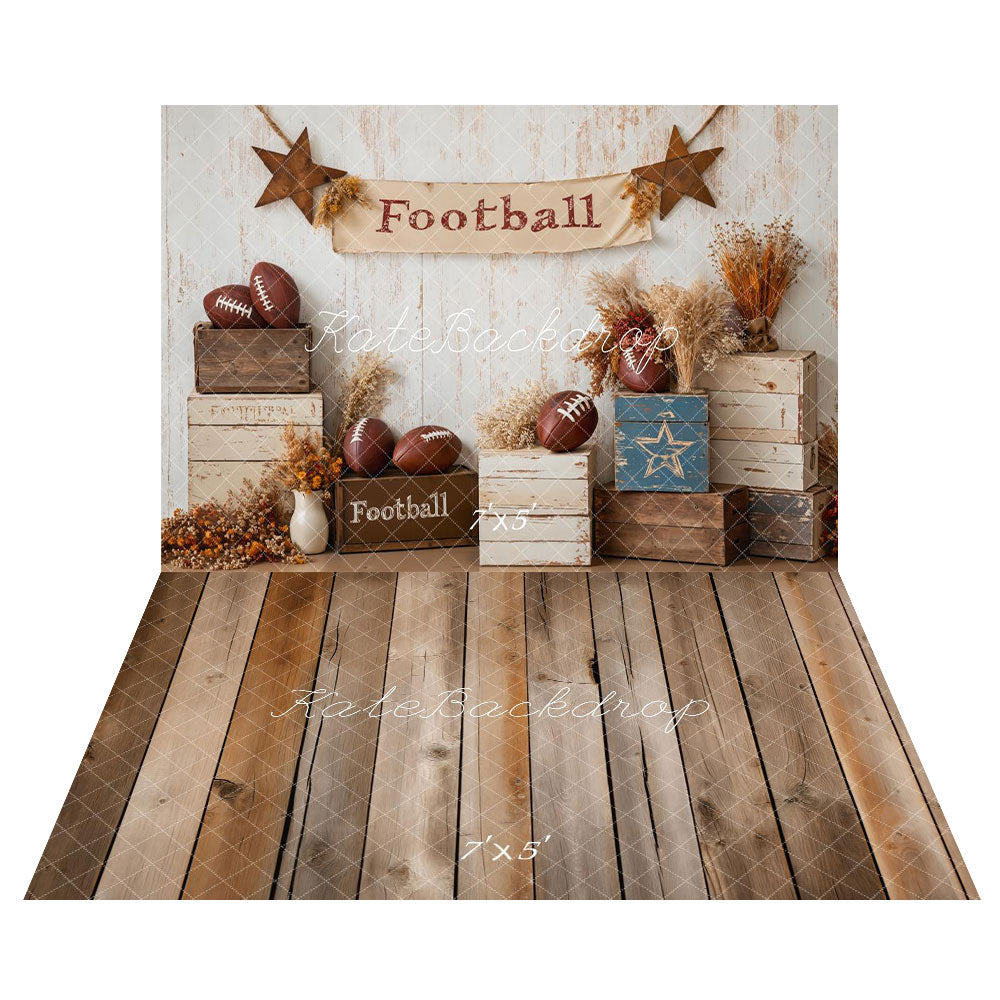 Kate Fall Football Rustic Wood Box Backdrop+Brown Old Wooden Floor Backdrop
