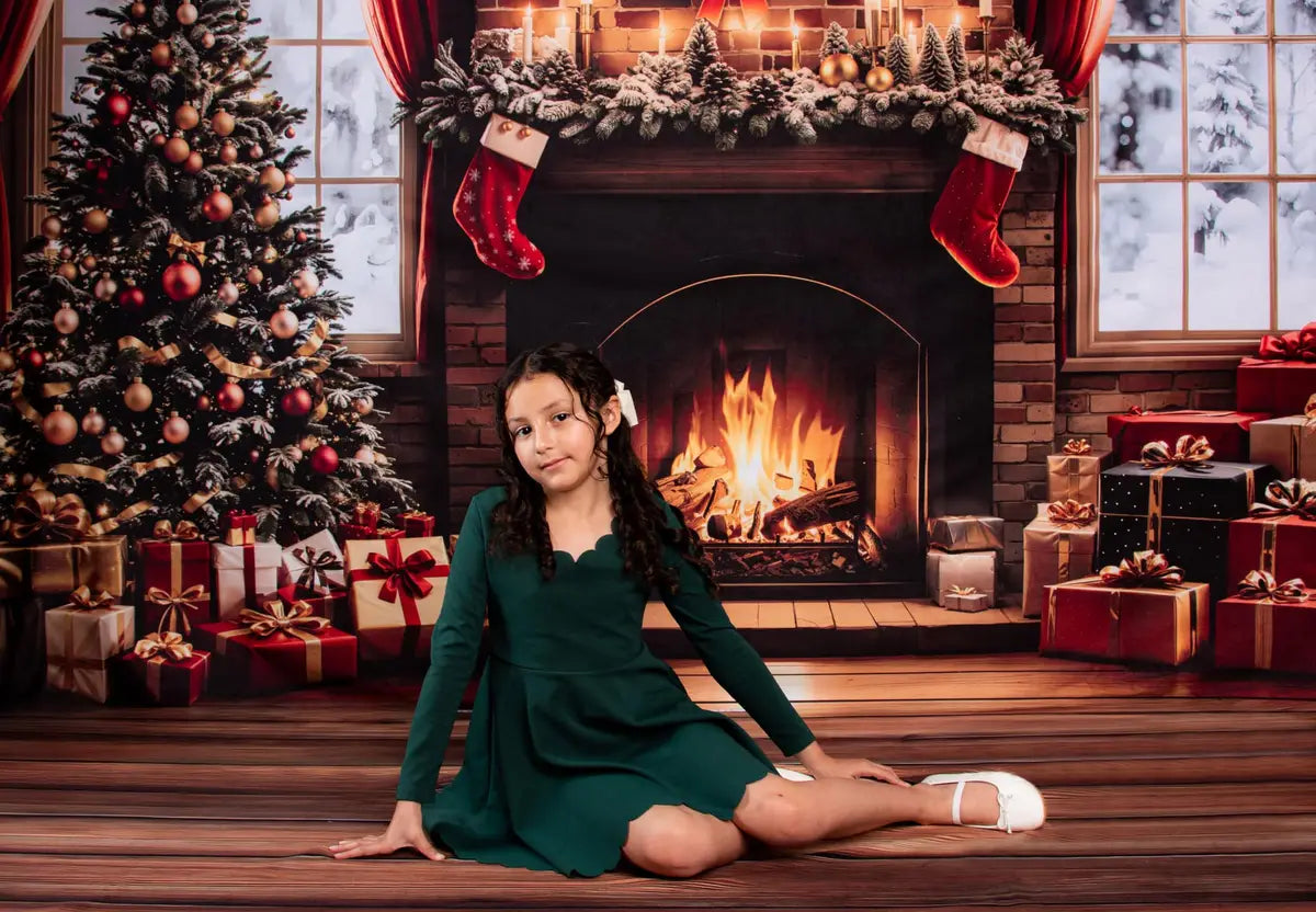 Kerstboom Openhaard Cadeaus Raam Foto Achtergrond Designed by Emetselch