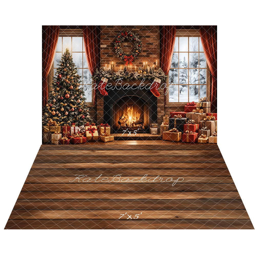 Kate Christmas Tree Fireplace Gifts Window Backdrop+Brown Wood Floor Backdrop