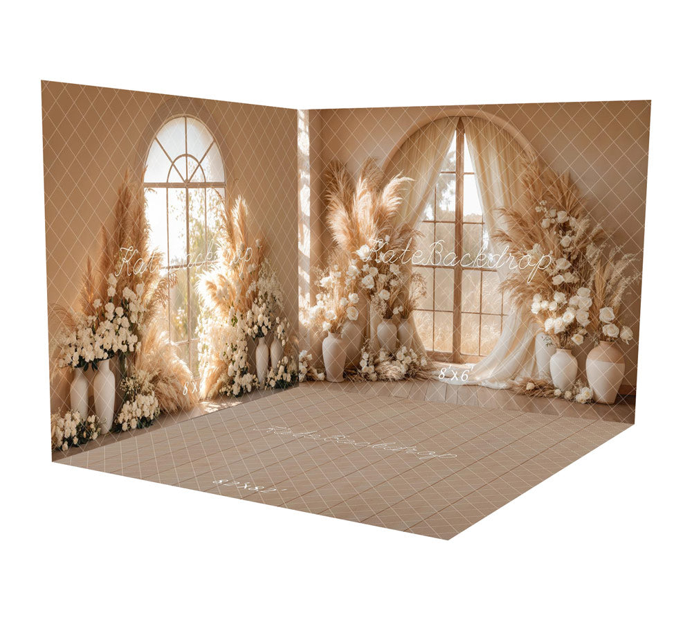 Set de habitación de flores boho con hierba de pampas