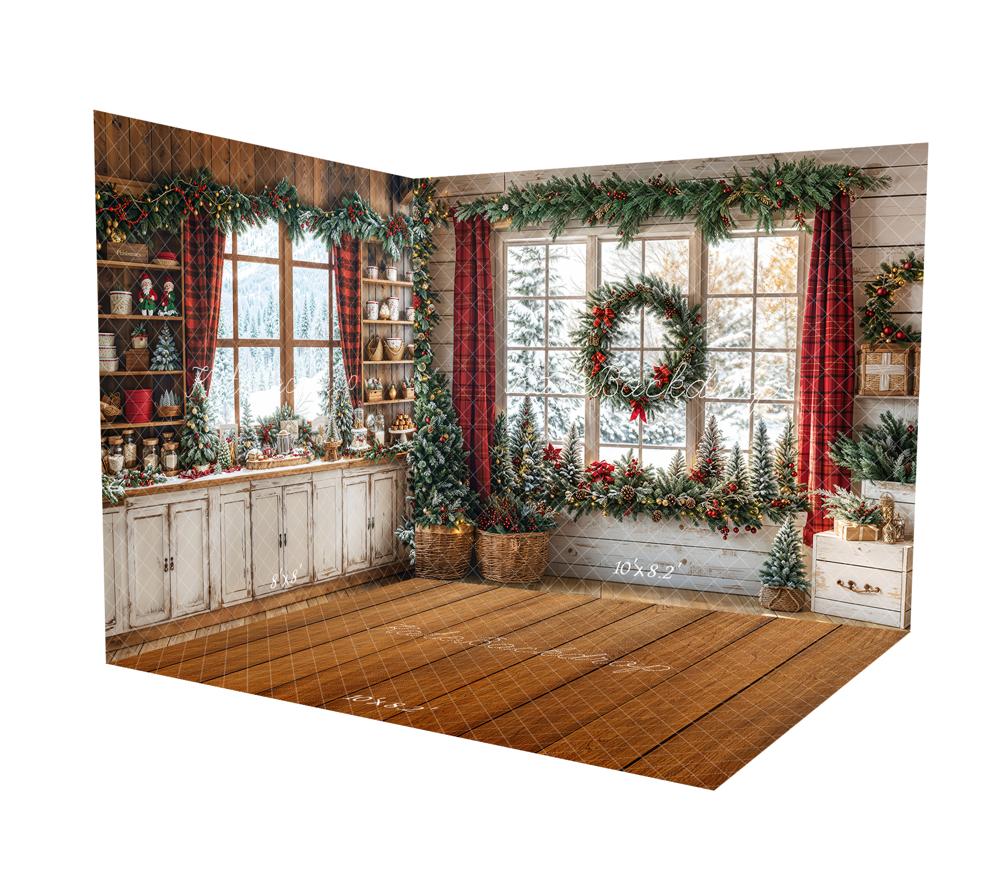 Kate Christmas Wreath Window Garland Curtain Room Set