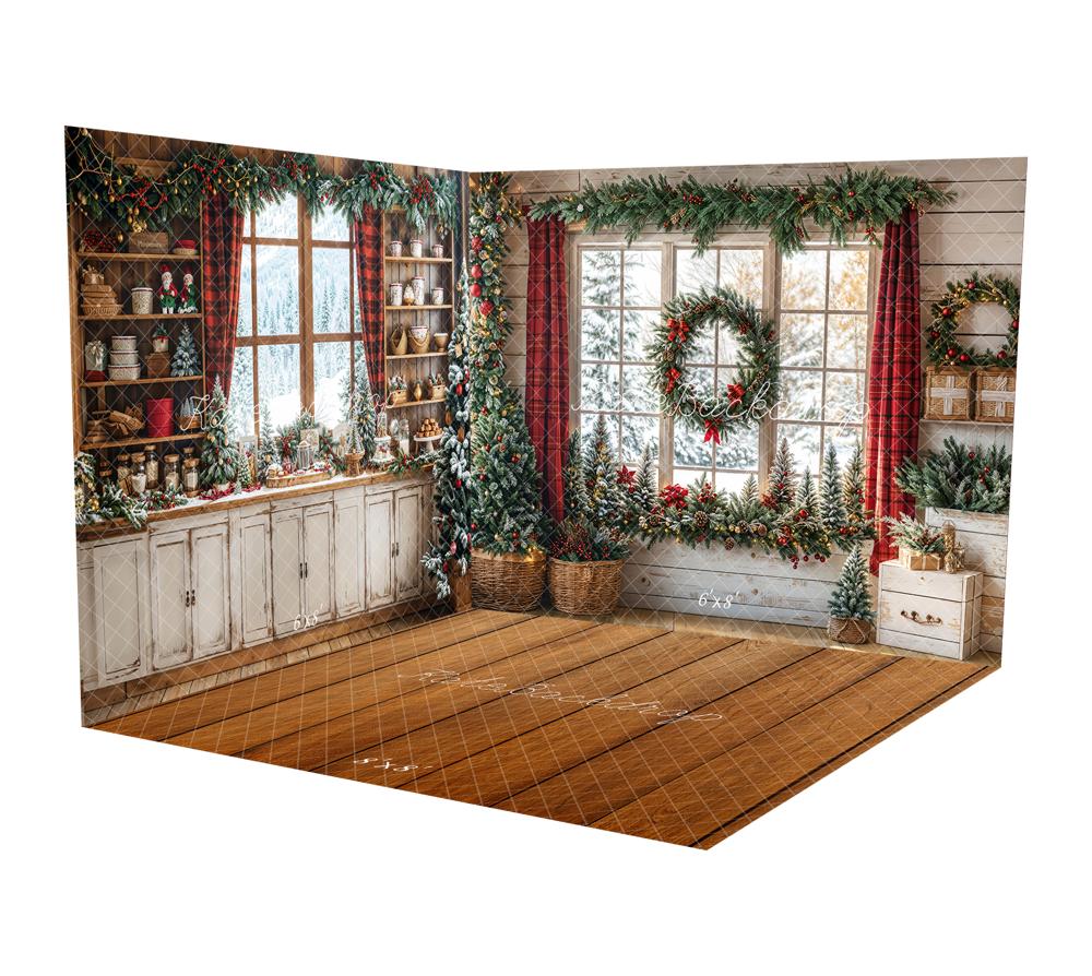Kate Christmas Wreath Window Garland Curtain Room Set