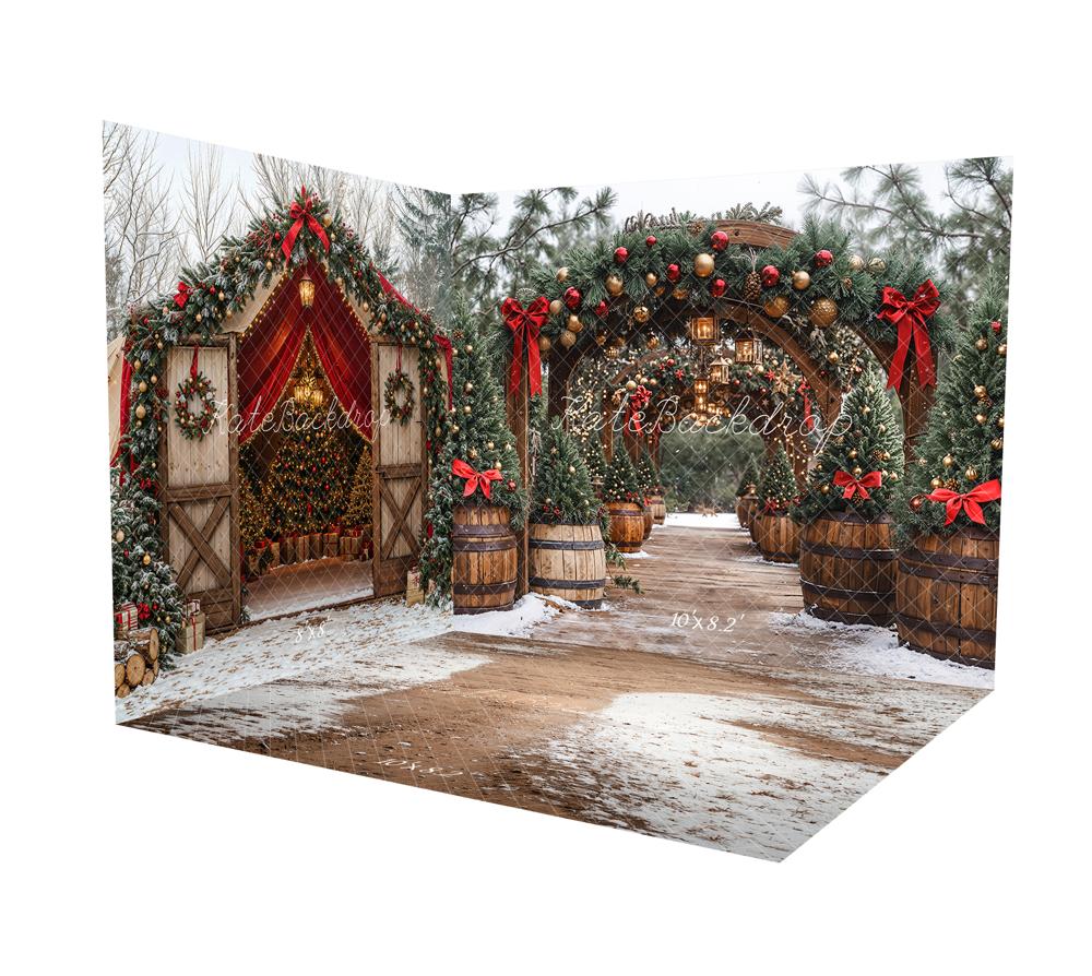 Kate Christmas Pine Arch Garland Wooden Barrels Lanterns Room Set