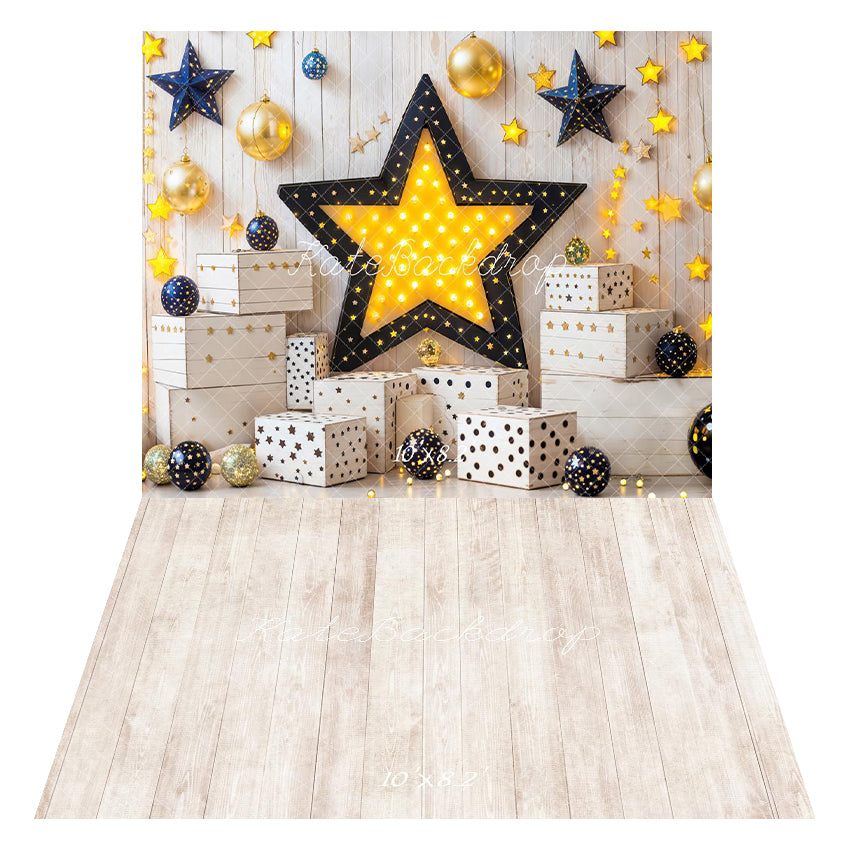 Kate Birthday Starry Night Gift Box Backdrop+Beige Wood Floor Backdrop