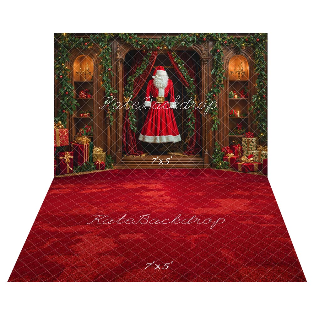 Kate Christmas Santa Costume Closet Garland Backdrop+Red Abstract Texture Floor Backdrop