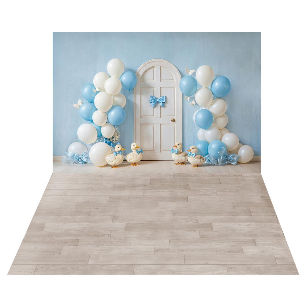 Kate Cake Smash Blue Balloon Ducks Door Backdrop+Light Brown Wood Floor Backdrop