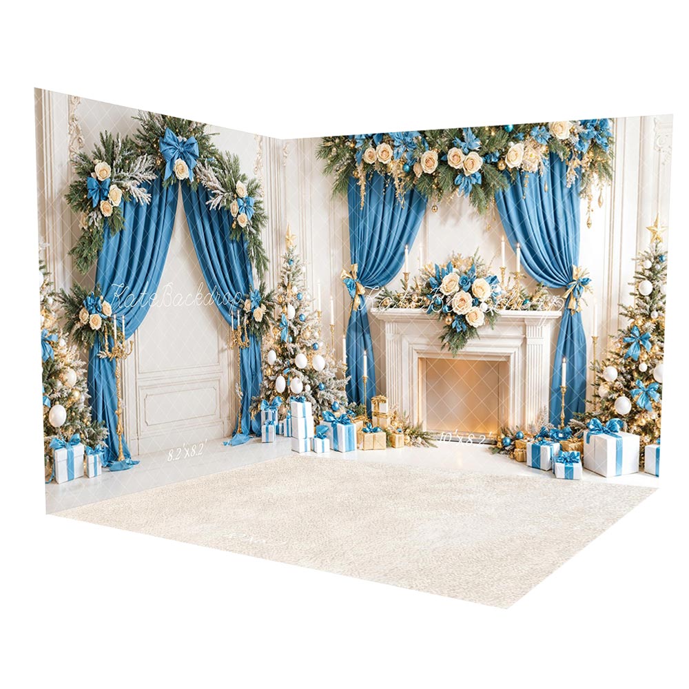 Kate Christmas Tree Blue Curtains White Fireplace Gifts Room Set