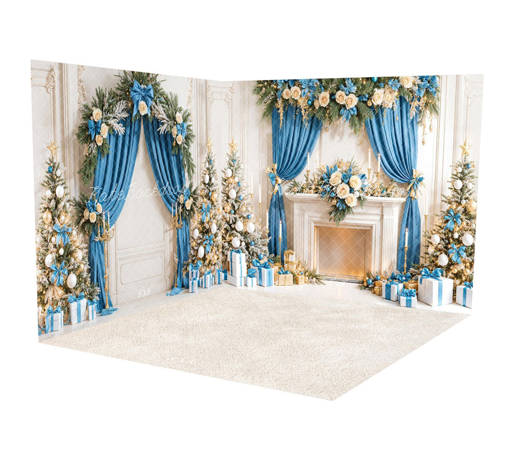 Kate Christmas Tree Blue Curtains White Fireplace Gifts Room Set