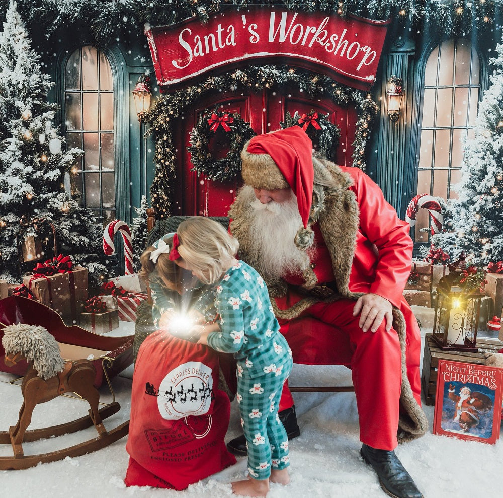 Kate Christmas Santa's Workshop Red Door Snow Backdrop Designed by Emetselch