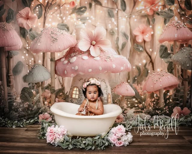 Kate Fairy Fantasy Pink Mushroom House Printed Backdrop Designed by Ashley Paul