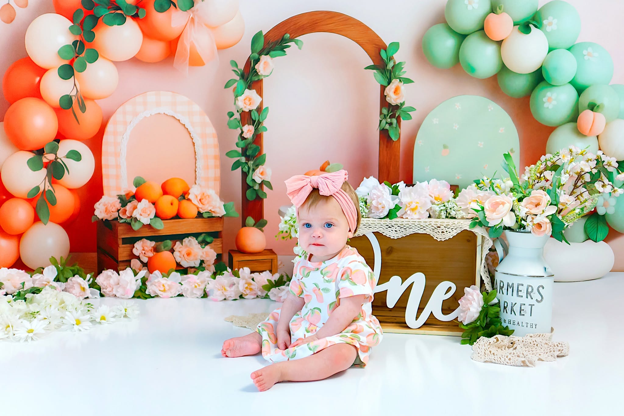 Kate Cake Smash Peach Balloon Arch Printed Backdrop Designed by Patty Roberts