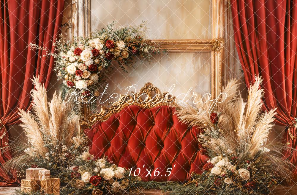 Kate Christmas Floral Red Upholstered Headboard Backdrop Designed by Emetselch
