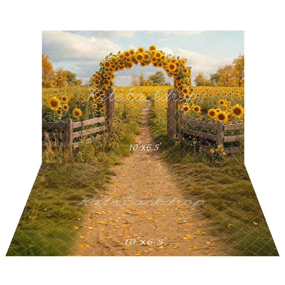 Kate Fall Sunflower Arch Rustic Path Backdrop+Fall Pathway Leaves Grass Floor Backdrop