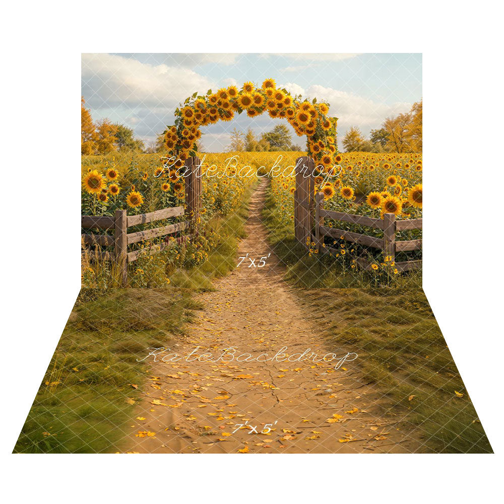 Kate Fall Sunflower Arch Rustic Path Backdrop+Fall Pathway Leaves Grass Floor Backdrop