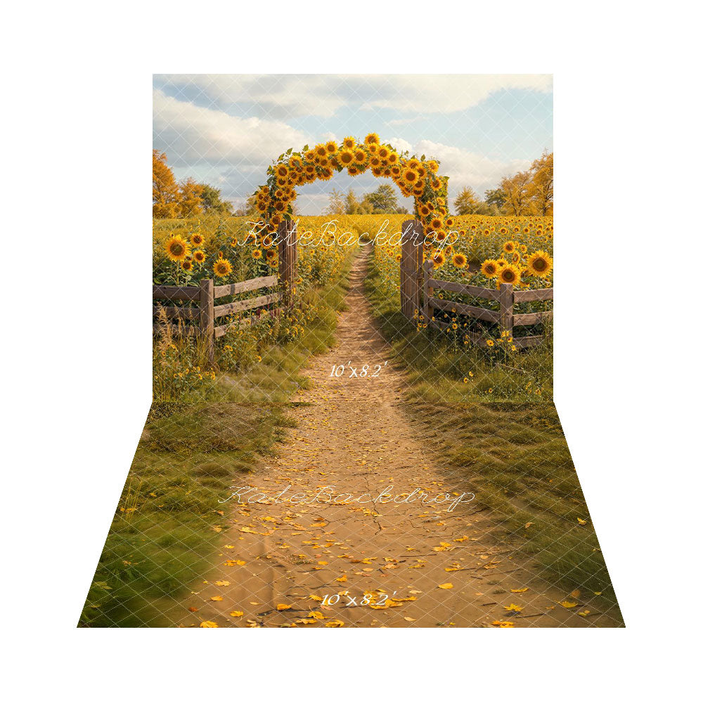 Kate Fall Sunflower Arch Rustic Path Backdrop+Fall Pathway Leaves Grass Floor Backdrop