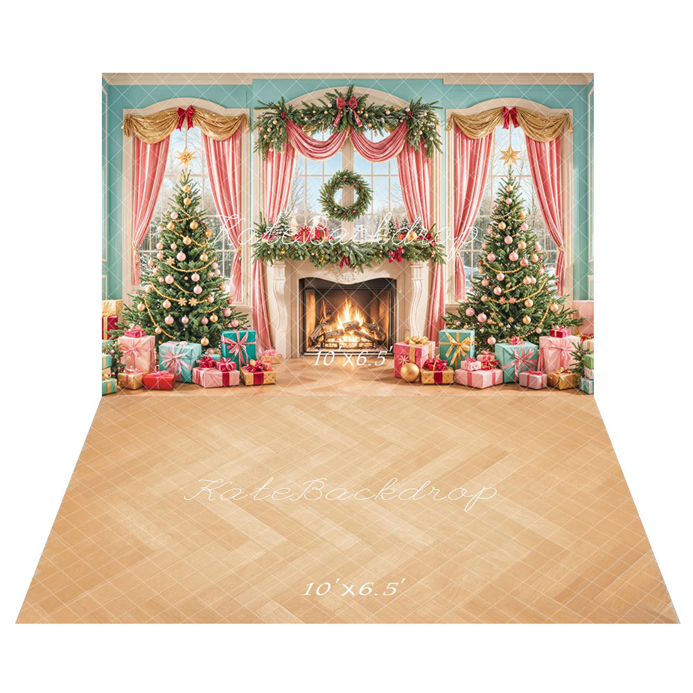 Kate Christmas Tree Fireplace Window Pink Curtains Backdrop+Wood Herringbone Floor Backdrop