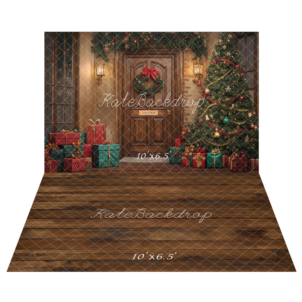 Fondo de regalo de puerta de árbol de Navidad Brown + fondo de piso de madera marrón