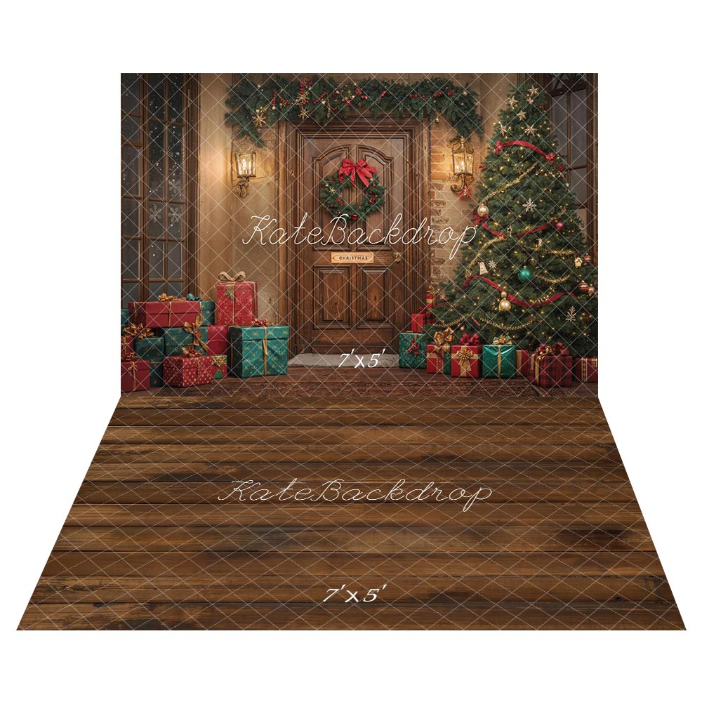 Fondo de regalo de puerta de árbol de Navidad Brown + fondo de piso de madera marrón