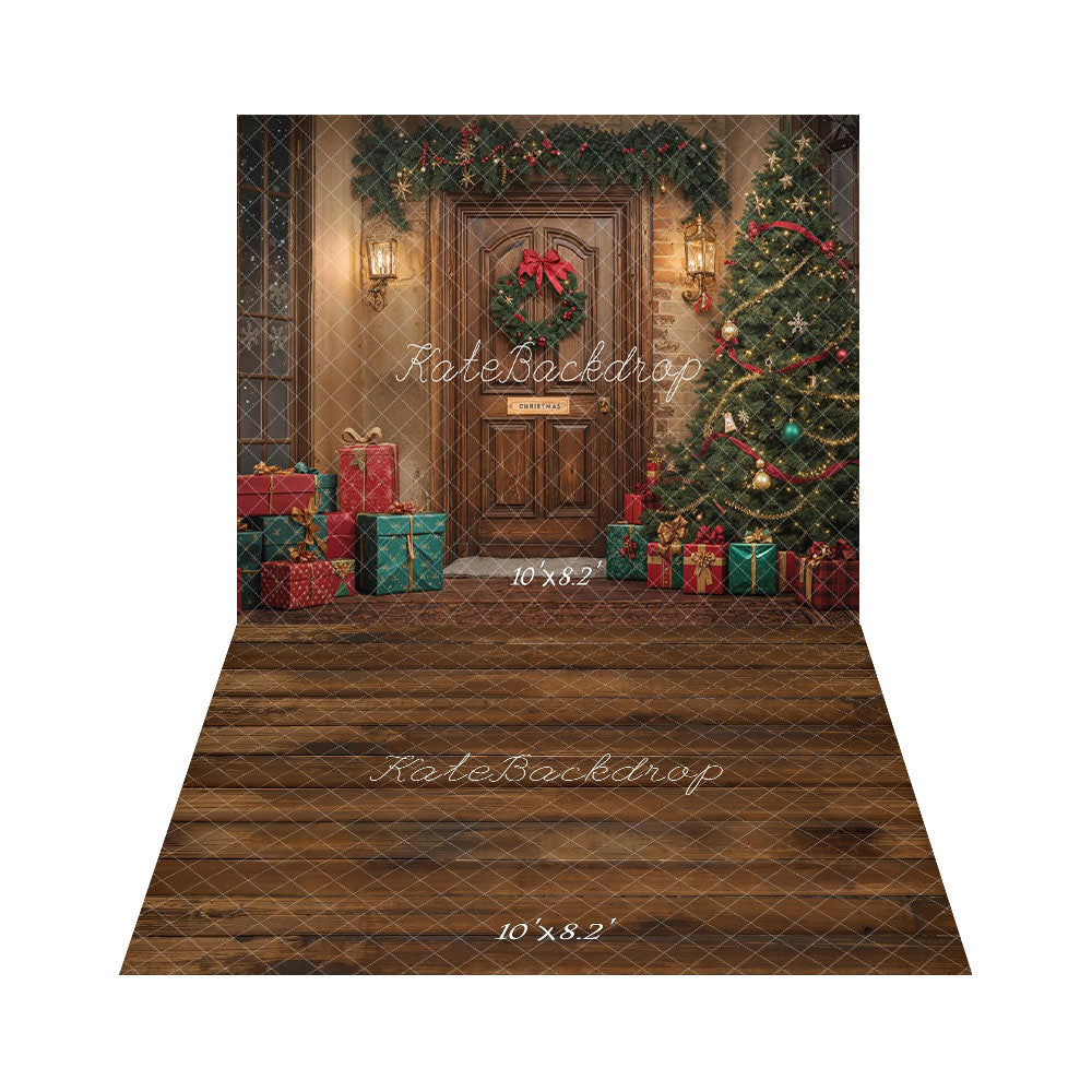 Fondo de regalo de puerta de árbol de Navidad Brown + fondo de piso de madera marrón