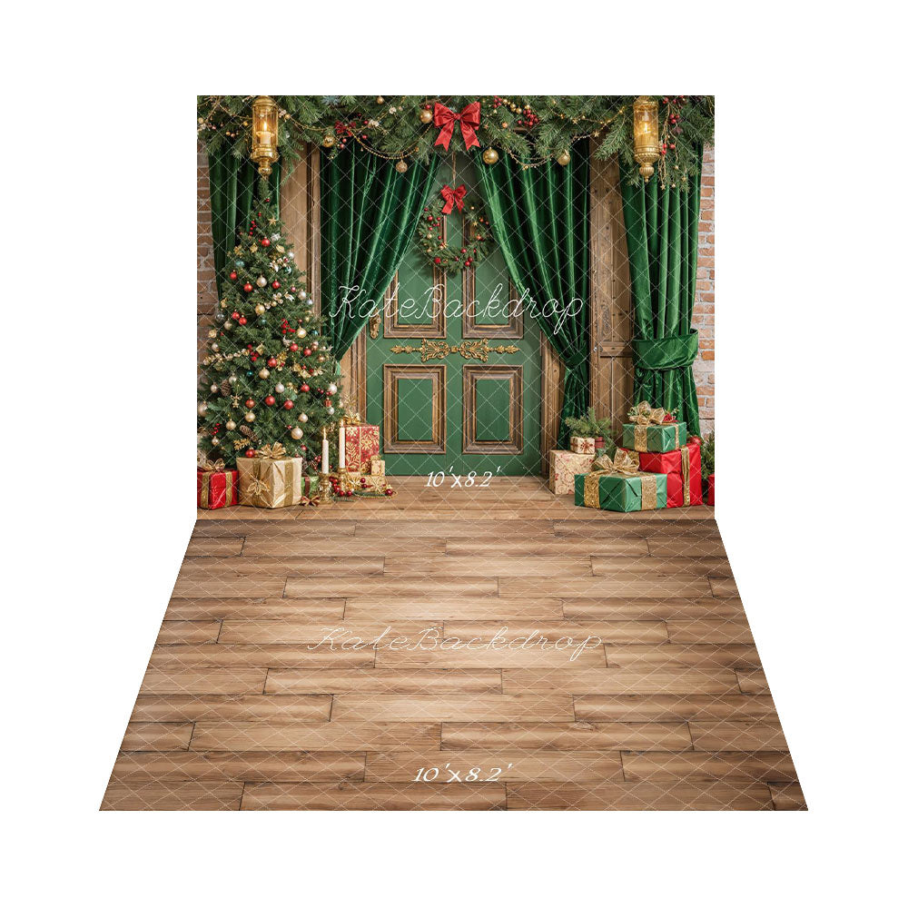 Cortina de Puerta Verde de Árbol de Navidad Regalos + Fondo de Suelo de Madera Marrón Claro a Rayas