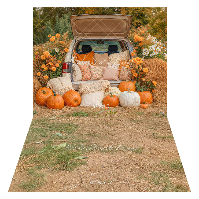Kate Fall Pumpkin Truck Hay Bales Flower Backdrop+Rustic Earthy Grass Floor Backdrop