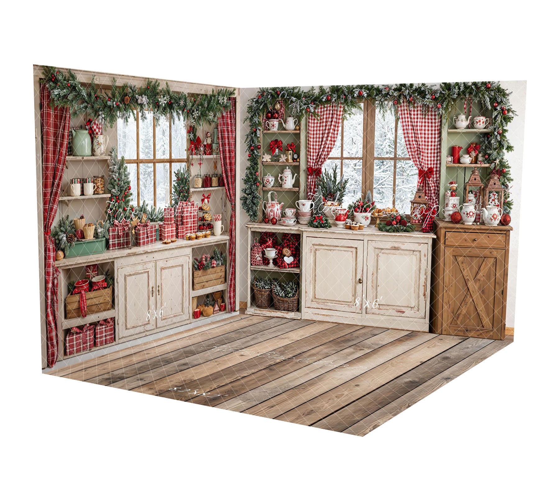 Kate Christmas Kitchen Rustic Cabinets Window Red Plaid Room Set