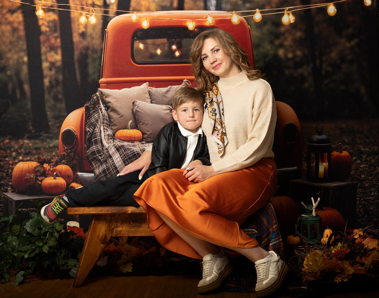 Kate Fall Truck Pumpkin Forest Lights Backdrop Designed by Emetselch