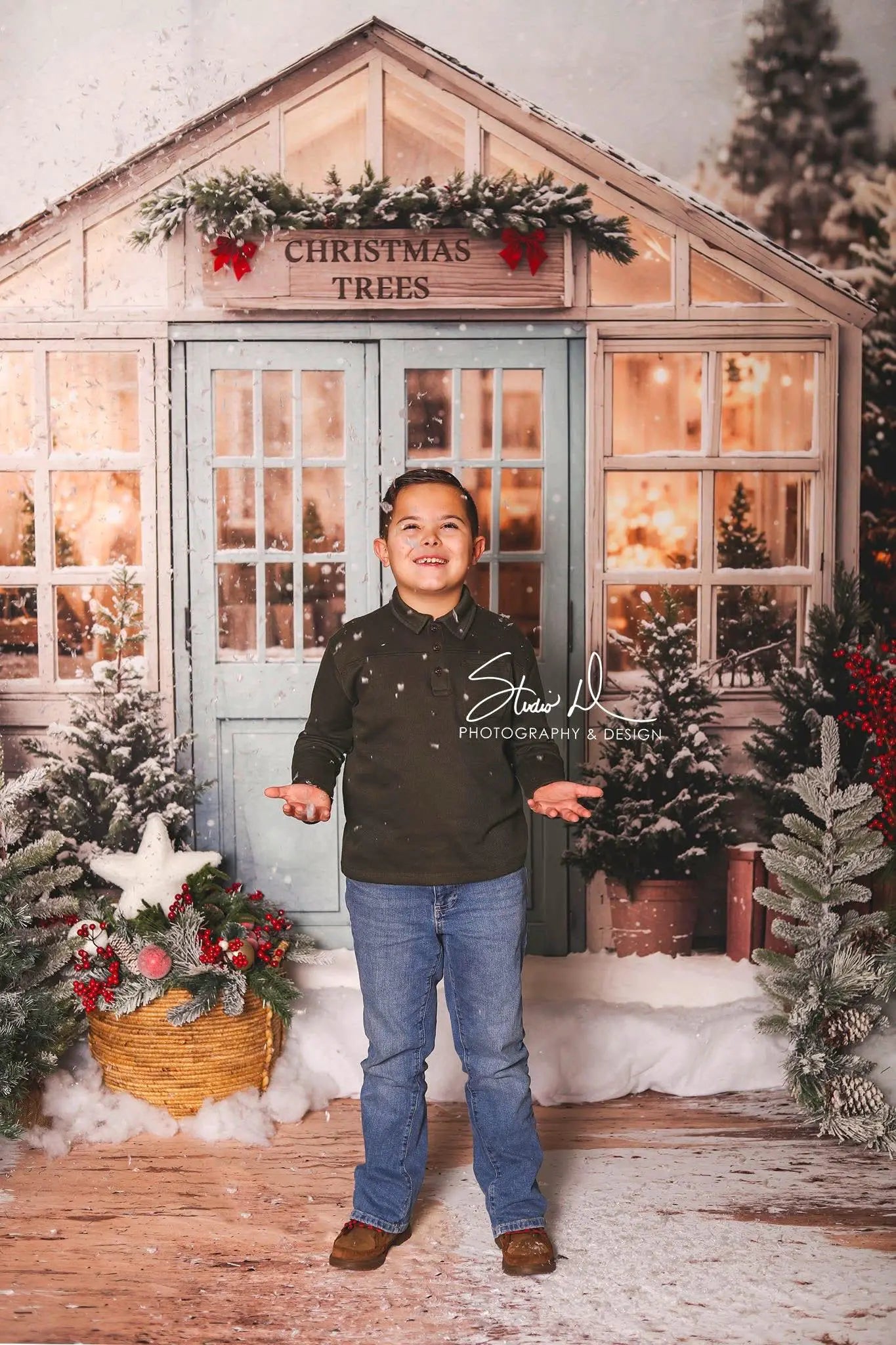 Kate Christmas Tree Farm Greenhouse Snow Backdrop Designed by Emetselch