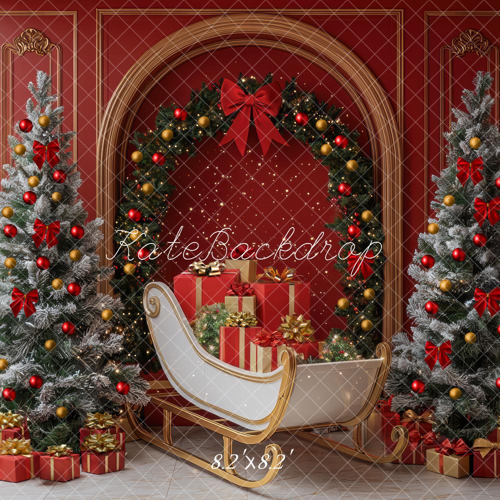 Kate Christmas Tree Sleigh Arch Red Wall Backdrop Designed by Mini MakeBelieve