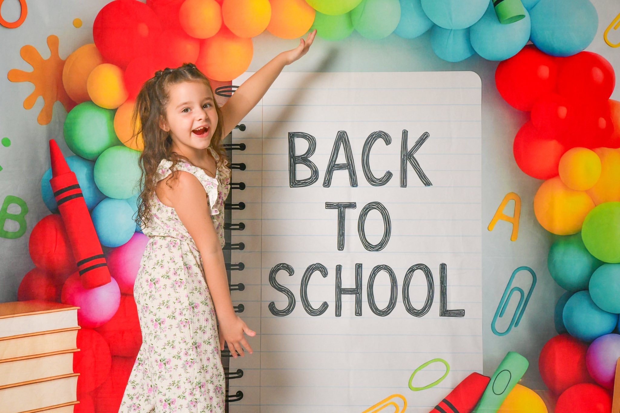 Kate Back to School Notebook Colorful Balloon Arch Backdrop Designed by Patty Roberts
