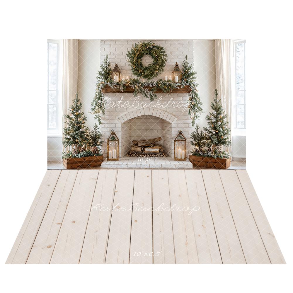 Kate Christmas Fireplace Wreath White Brick Wall Backdrop Designed by Emetselch