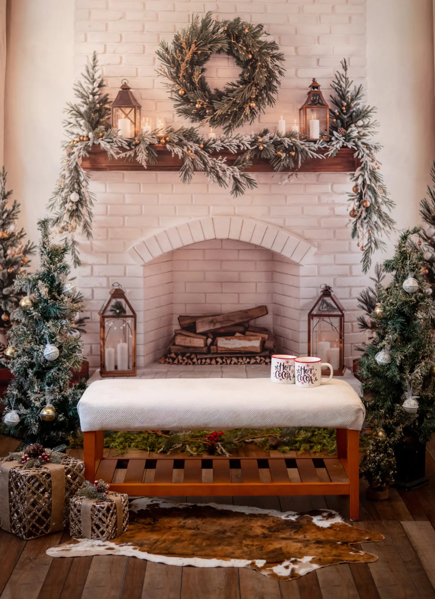 Kate Christmas Fireplace Wreath White Brick Wall Backdrop Designed by Emetselch