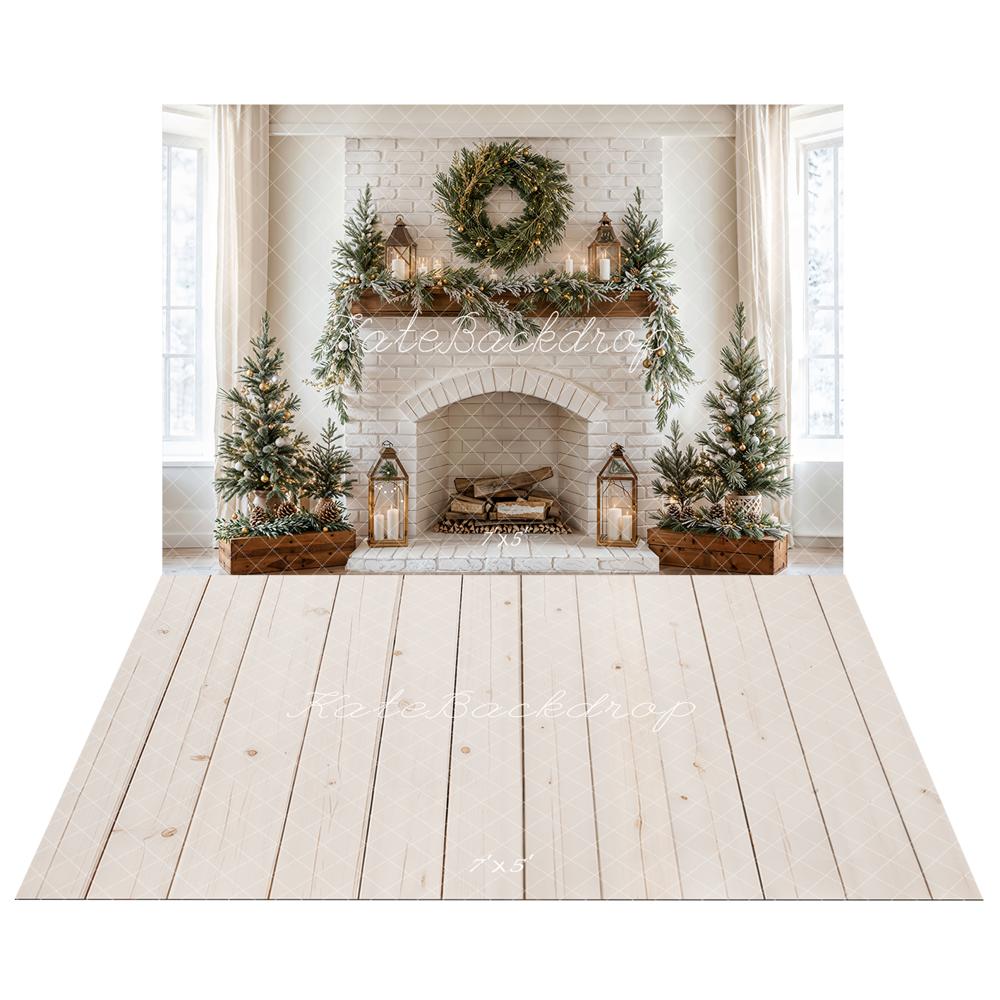 Kate Christmas Fireplace Wreath White Brick Wall Backdrop Designed by Emetselch