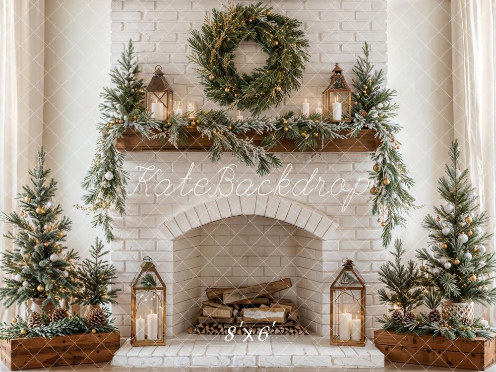 Kate Christmas Fireplace Wreath White Brick Wall Backdrop Designed by Emetselch