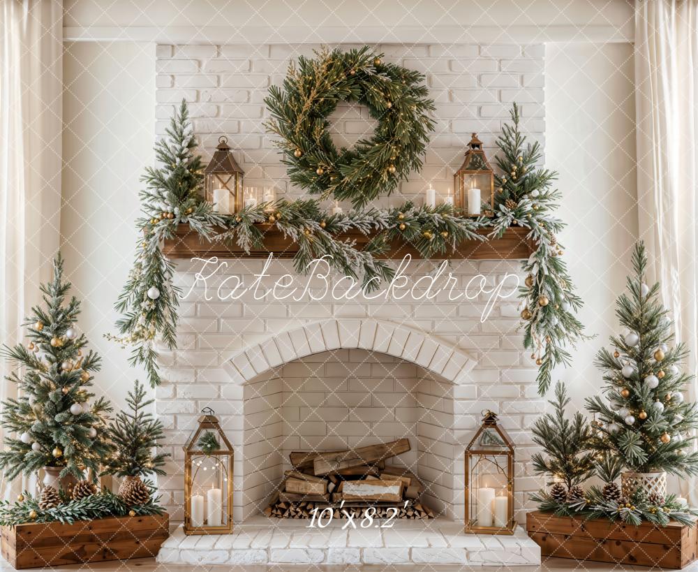 Kate Christmas Fireplace Wreath White Brick Wall Backdrop Designed by Emetselch