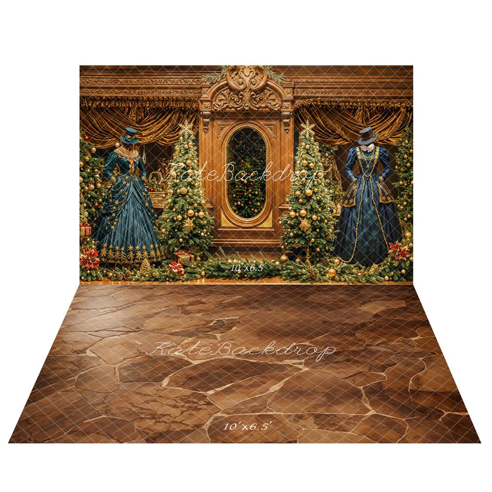 Kate Christmas Trees Mirror Gorgeous Dress Backdrop+Brown Cobblestone Floor Backdrop