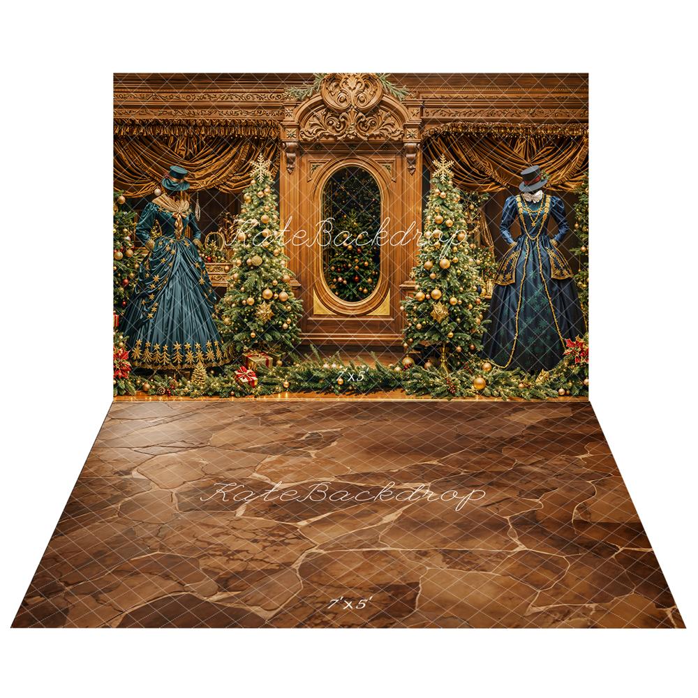 Kate Christmas Trees Mirror Gorgeous Dress Backdrop+Brown Cobblestone Floor Backdrop
