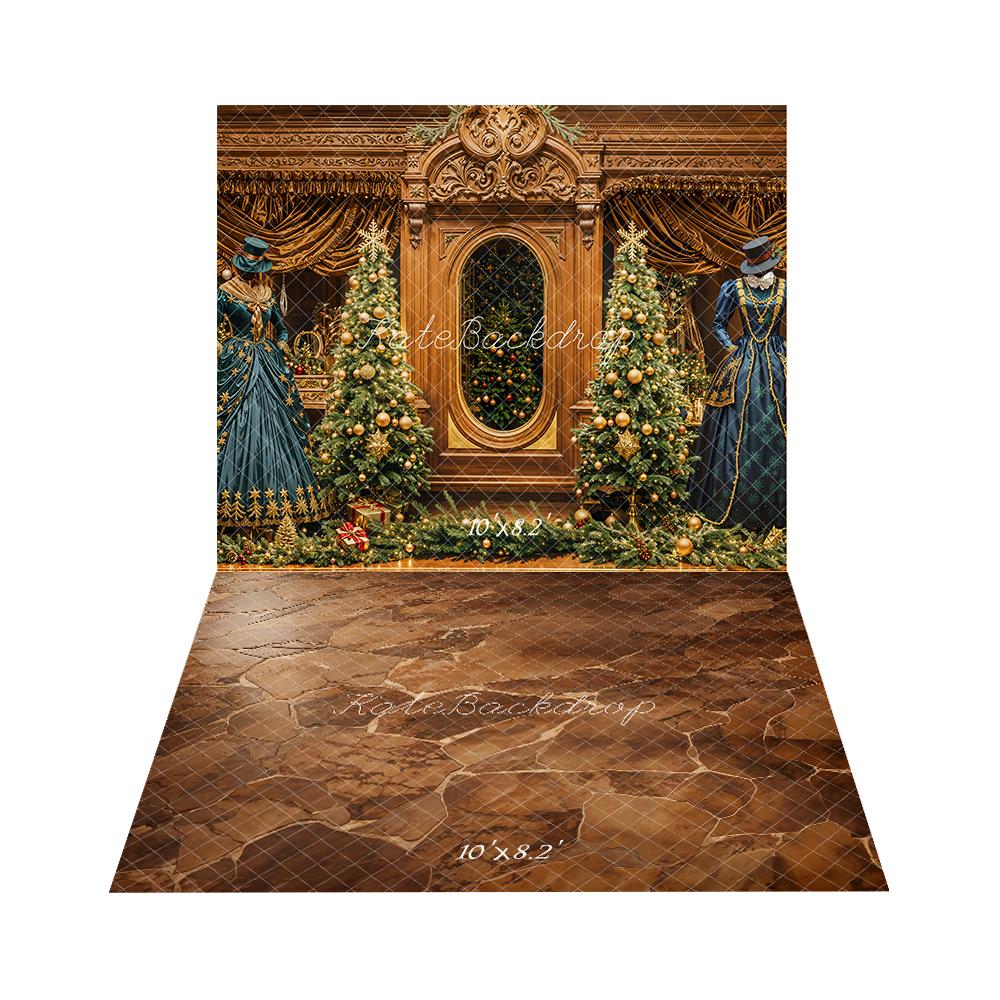 Kate Christmas Trees Mirror Gorgeous Dress Backdrop+Brown Cobblestone Floor Backdrop