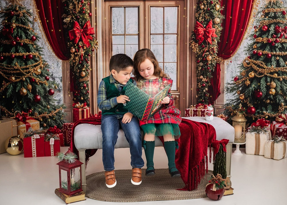 Kate Christmas Tree Red Curtain Arched Door Printed Backdrop Designed by Emetselch