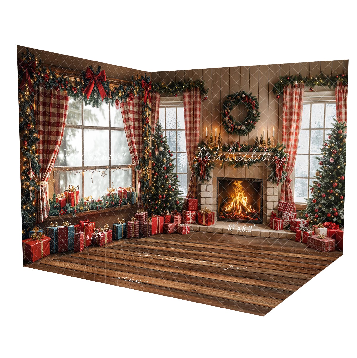 Kate Christmas Tree Fireplace Red Plaid Curtains Gifts Room Set