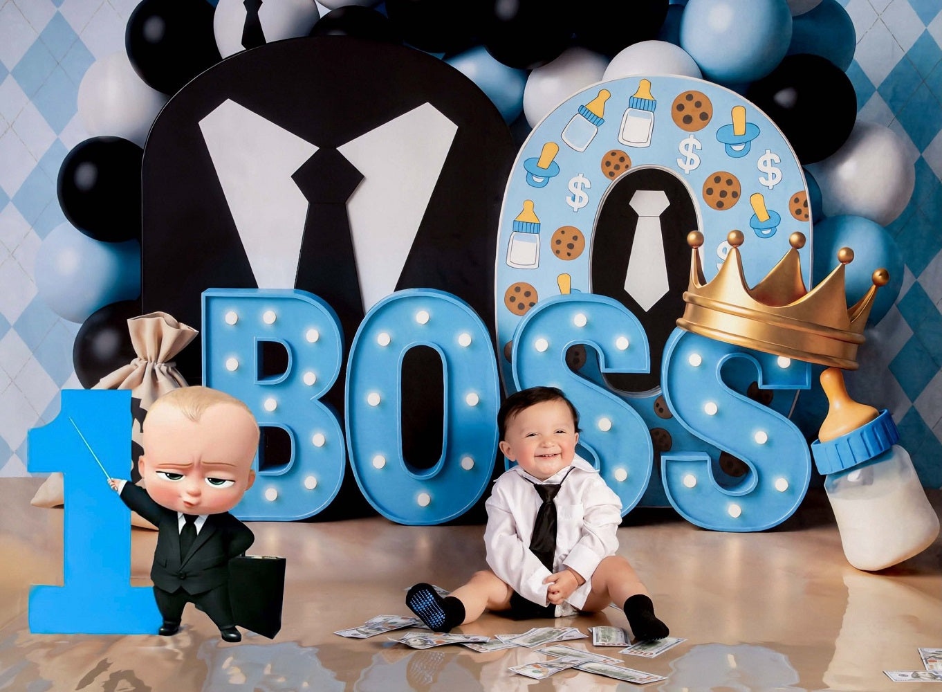 Kate Cake Smash Boss Baby Blue Celebration Backdrop Designed by Mini MakeBelieve