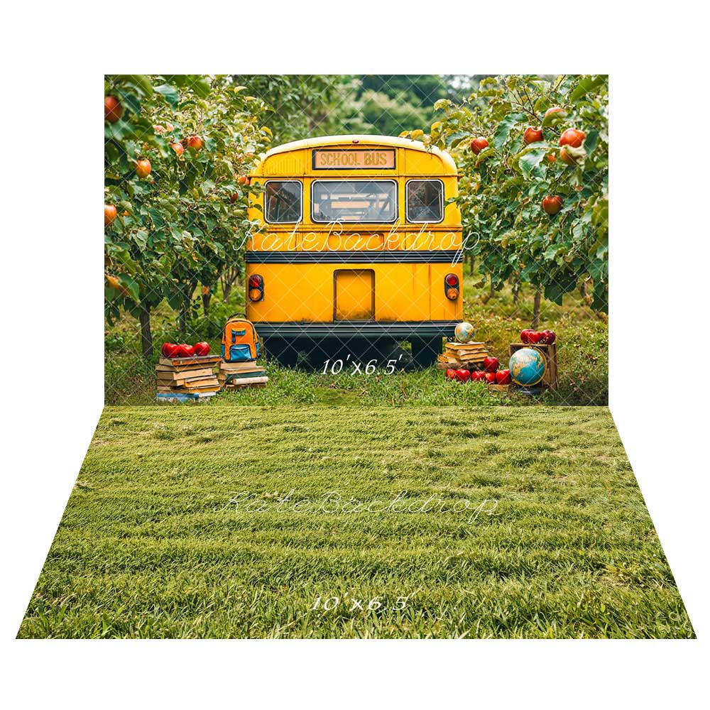 Kate Back to School Yellow School Bus Orchard Apples Backdrop+ Green Grass Field Floor Backdrop