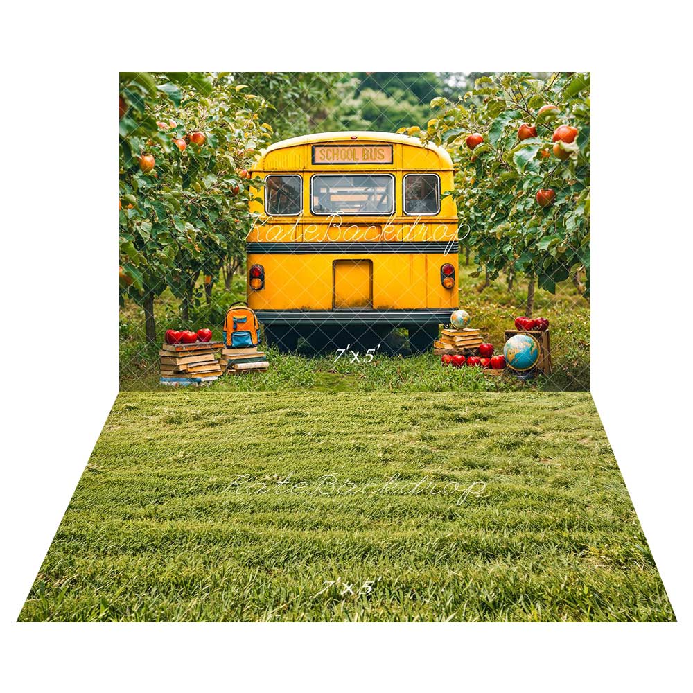 Kate Back to School Yellow School Bus Orchard Apples Backdrop+ Green Grass Field Floor Backdrop