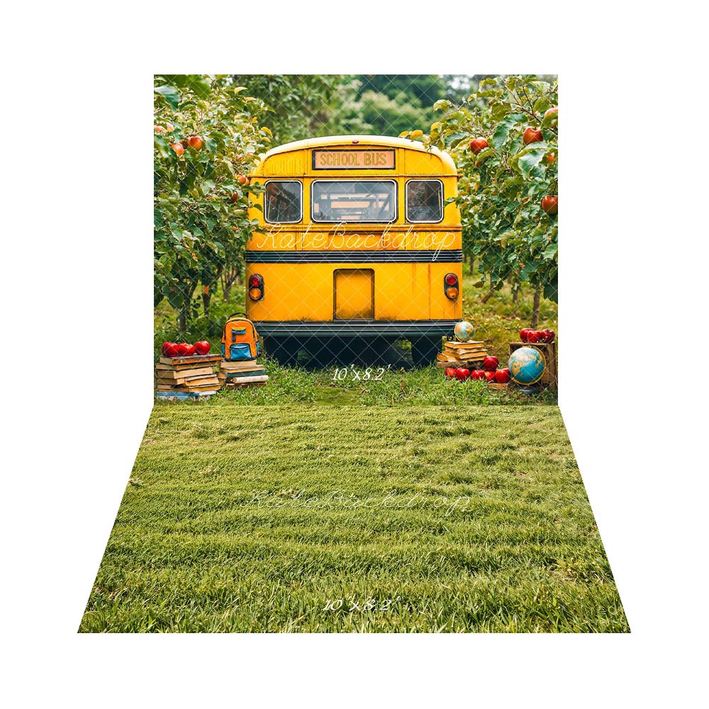 Kate Back to School Yellow School Bus Orchard Apples Backdrop+ Green Grass Field Floor Backdrop