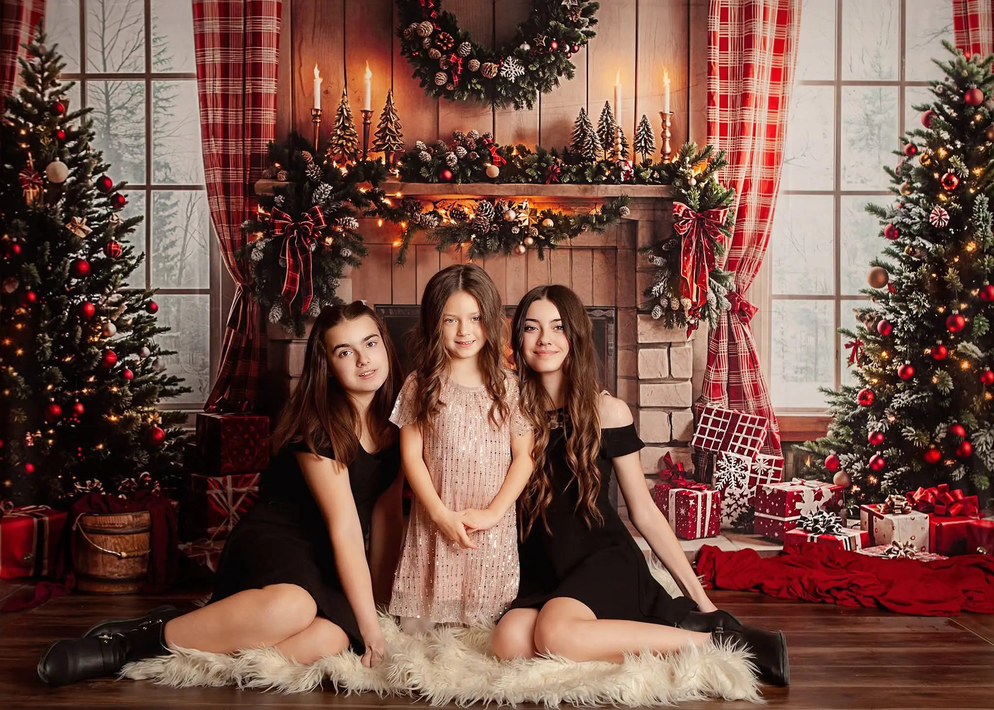 Kate Christmas Tree Fireplace Red Plaid Curtains Gifts Backdrop Designed by Emetselch