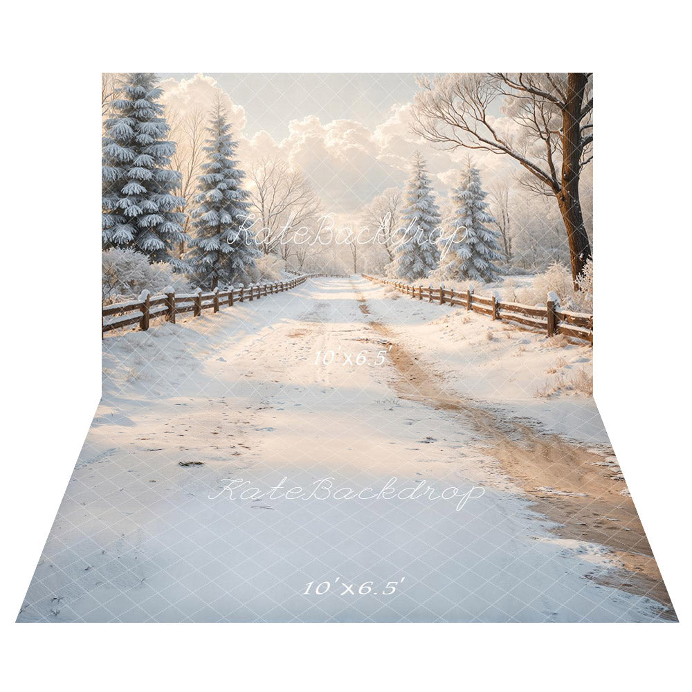 Kate Winter Snowy Road Pine Trees Fence Printed Backdrop+Snow Covered