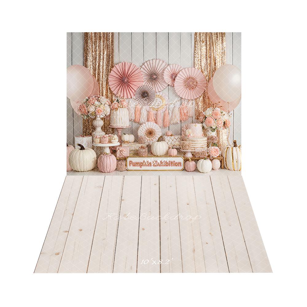Cumpleaños de Otoño Pumpkin Globos Rosas Flores Pasteles Fondo + Fondo de Tablas de Madera Beige