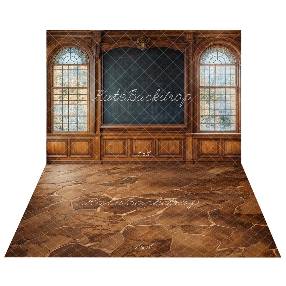 Kate Back To School Wooden Chalkboard Arched Windows Backdrop+Brown Cobblestone Floor Backdrop