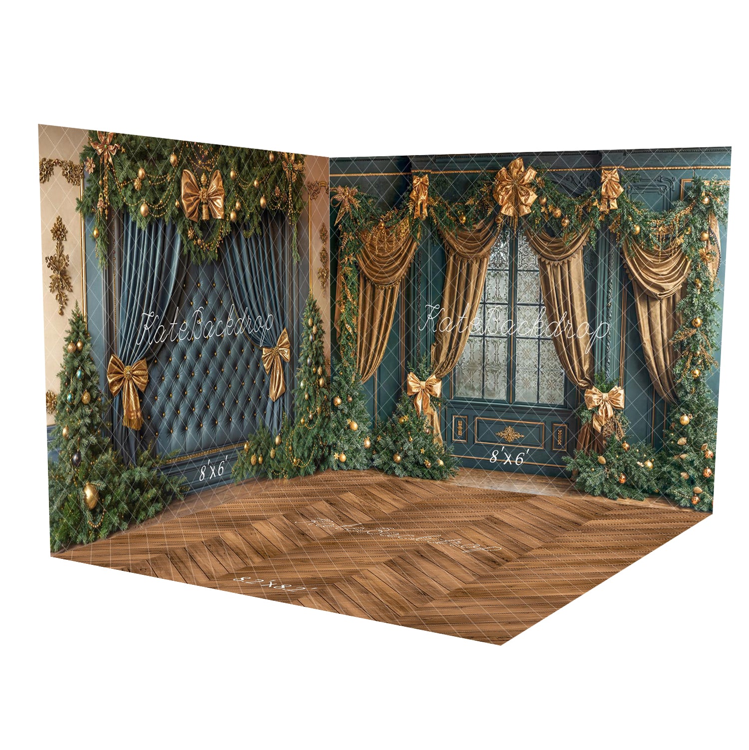 Kate Christmas Headboard Blue Tufted Wall Gold Bows Trees Room Set