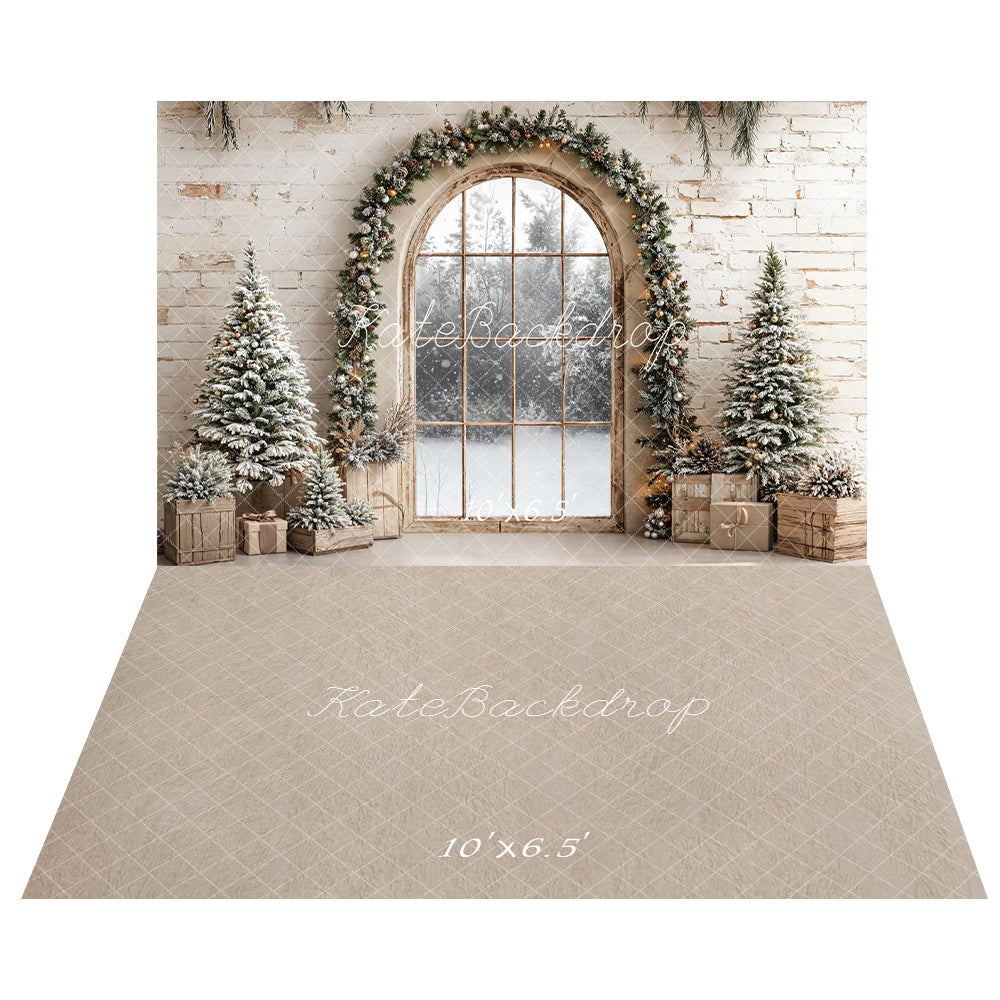 Kate Christmas Arched Window Garland Snowy Pine Trees Backdrop+Beige Pattern Abstract Texture Floor Backdrop